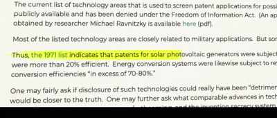 A 1971 list includes
patents for solar voltaic - The Lost Century: And How to Reclaim It