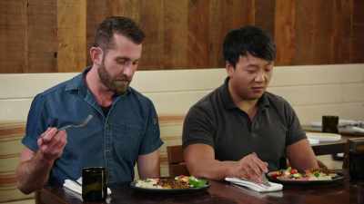 A cucumber salad
and beet hummus. - No Recipe Road Trip With the Try Guys