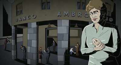 A group of investigators
pick up paperwork, - Murder of God's Banker