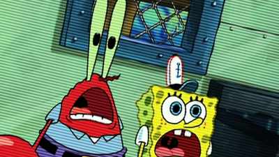 A motionless Andy Yellowtail
lying next to "The Nasty Patty." - SpongeBob DocuPants