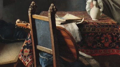 A stringed instrument, the cittern,
balances on a Spanish chair - Vermeer: The Greatest Exhibition