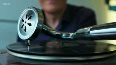 A stylus passes along a groove
on a record - Secrets of Size: Atoms to Supergalaxies