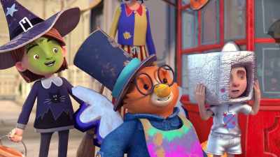 A witch, Pigeonton
and a boy with a box on his head. - The Adventures of Paddington