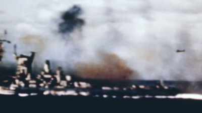 A zero is filmed
heading straight for - The Pacific War in Color