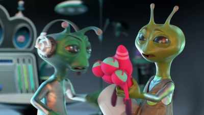 - [affirmative babbling]
- [pencil squeaking] - Alien TV
