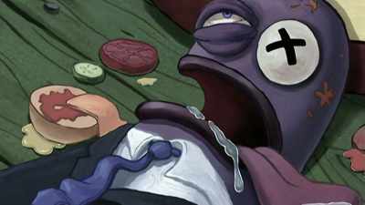 After calming down
a frenzied SquarePants, - SpongeBob DocuPants