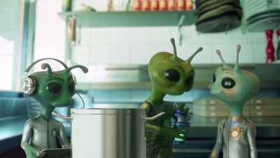 - Ah?
- [eager babbling] - Alien TV