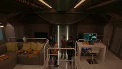 [alarm blaring] 
[Matilda] Fire in the galley. - The Astronauts