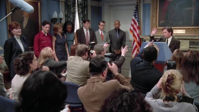 (ALL CLAMORING,
CAMERA SHUTTERS CLICKING) - Spin City