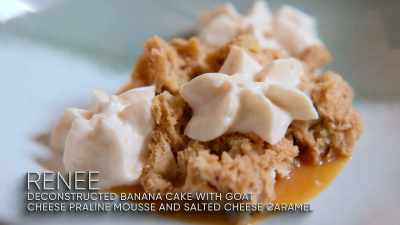 {\an8}Deconstructed banana cake
with goat cheese praline mousse - Pressure Cooker