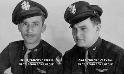 {\an8}Egan and Cleven didn't have to fly
as squadron leaders, but always did. - The Bloody Hundredth