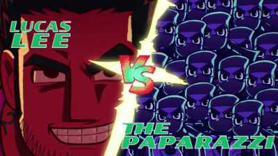 {\an8}Lucas Lee versus the paparazzi. - Scott Pilgrim Takes Off