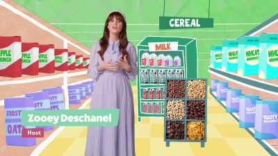 {\an8}Making sense
of the cereal aisle
is a daunting task, - What Am I Eating? With Zooey Deschanel