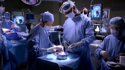 Applying the final hemostasis suture. - Grey's Anatomy