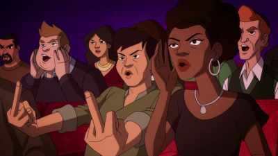 -[audience boos] - He says he's here
to apologize for using the C word. - Harley Quinn