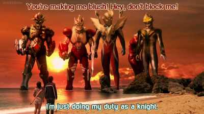 - Aw, you're making me blush.
- We just did what any warrior would. - Ultraman Geed the Movie: Connect! The Wishes!!
