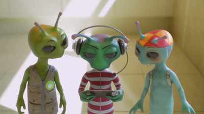 - [beeping]
- [fascinated intoning] - Alien TV