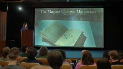 Behind me is a manuscript
from Olafsson's library. - The Christmas Quest