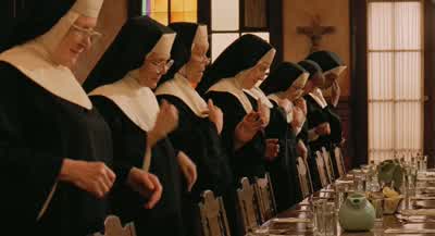 Bless us O Lord for these thy gifts which we are about to receiveAnd yea though I walk through the valley of the shadow of no foodI will fear no hungerWe want you to give us this day our daily breadand to the republic for which it stands and by the power - Sister Act