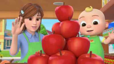 [both] ♪ Hello, shiny apples ♪ - CoComelon Lane
