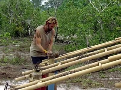 Brian's off the bamboo
and through the fishnet. - Survivor