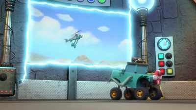 -Check it out! Sonnie's doing trick dives.
-[engine sputtering] - Mighty Monsterwheelies