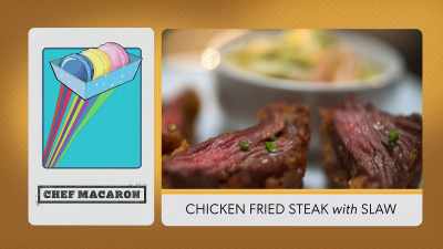 Chef Macaron said, "Cutting the steak - Secret Chef