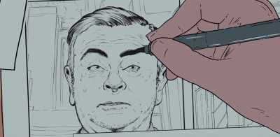 [chuckling] He was very easy to draw. - Fugitive: The Curious Case of Carlos Ghosn