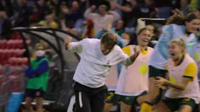 - COMMENTATOR 1: Australia equalize!
- (CROWD CHEERING) - Matildas: The World at Our Feet