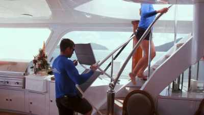 Deck crew, let'’s prep the
snorkeling and the beach setup. - Below Deck Down Under