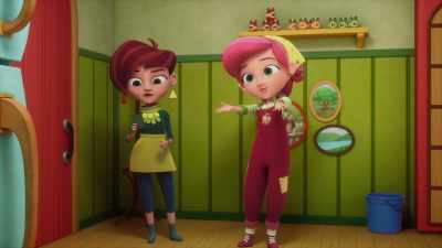 Eu e a Pralina vamos à vila
comprar comida para o jantar. - Strawberry Shortcake's Summer Vacation