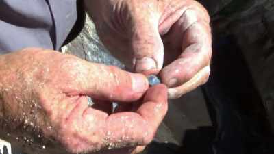 Finding coloured trace
on our first hole on this claim, - Outback Opal Hunters