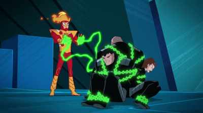 Firestorm's absorbing all the
green energy coming this way. - Justice League Action
