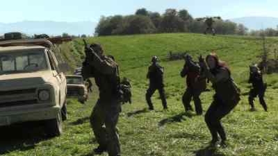 [ Laser fire,
indistinct shouting ] - Falling Skies