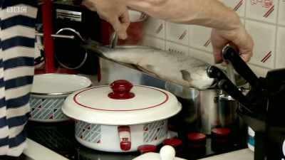 For the main course they're poaching a whole Scottish salmon, - Back in Time for Dinner