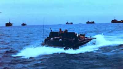 For two days American
ships blast the island - The Pacific War in Color