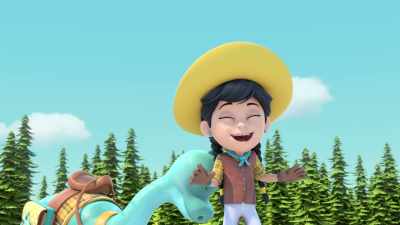 (giggling)
Clover says I'm going first! - Dino Ranch