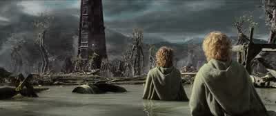 He doesn't look happy does he Not too happy at all MerryStill I suppose the view would be quite nice from up thereOh yes It's a quality establishmentI hear the staff are very good - The Lord of the Rings: The Two Towers