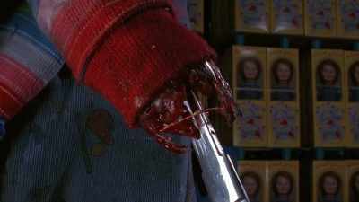 -He gets his hand cut off
and shoves a knife down his arm, - Doc of Chucky