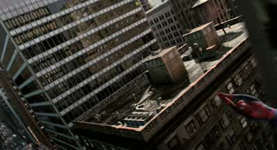 He throws up his hands, ropes come out......and he climbs up them like a spider web. - Spider Man