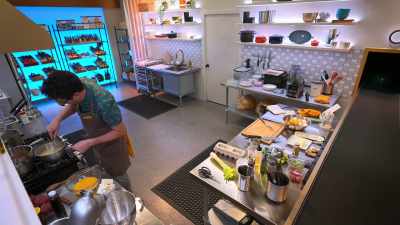 He whips it up.
He, you know, takes his time. - Secret Chef