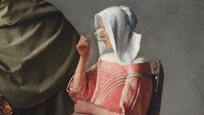 Her dashing suitor in a black hat
and olive mantle, - Vermeer: The Greatest Exhibition