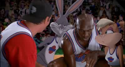 HERE'S HOW I SEE IT DUCKYESYOU KICK IT IN TO THE GIRL BUNNY DOWN IN THE POSTYOU DISH IT BACK OUT TO THE GUY BUNNYGOT ITYOU SWING IT TO MIKE OVER HEREYOU GO TO THE HOLE AND DOMINATEBILL WE'RE ON DEFENSEBugs OH YEAHWHOA HO HO I DON'T PLAY - Space Jam