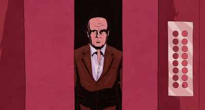 He's then seen coming
down in the lift - Murder of God's Banker