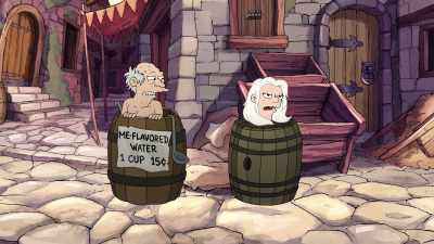 Hey, girly! This is my corner!
Roll along now! Git! - Disenchantment