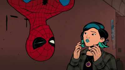 -Hey, Nico-- [grunts]
-[screams] - Your Friendly Neighborhood Spider-Man