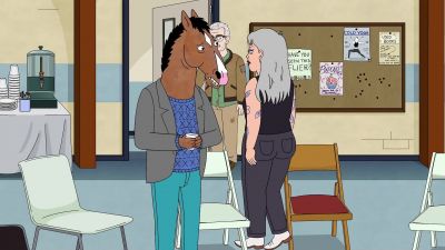 -Hey! Oh, uh...
-Excuse me. - BoJack Horseman