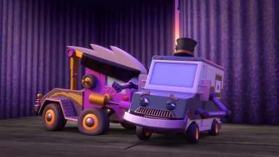 -[horn honks]
-[Mayor shrieks, chuckles] - Mighty Monsterwheelies