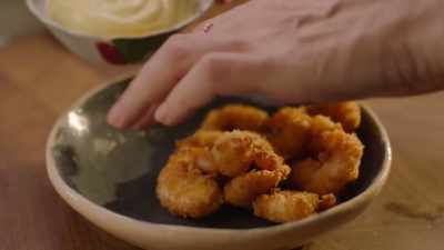 Hot, crisp prawns.
Cool, smooth dip. - Nigella: At My Table