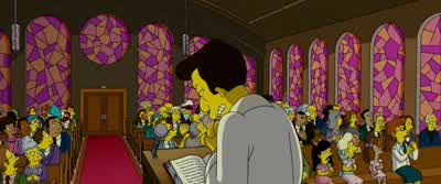 I hate being lateWell I hate goingWhy can't I worship the Lord in my own wayby praying like hell on my deathbedHomer they can hear you insideRelax Those pious morons are too busy talking to their phony baloney GodHow you doing Peace be with you Praise - The Simpsons Movie